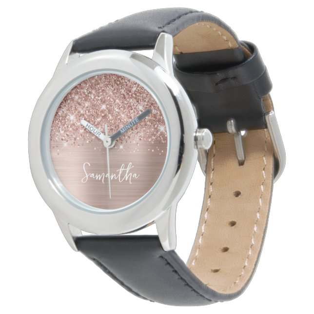 Glitterende Roze Gouden Glam Witte Naam Horloge (Gekanteld)