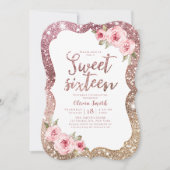 Glitterende roze gouden glans bloemige sweet 16 ve kaart (Voorkant)