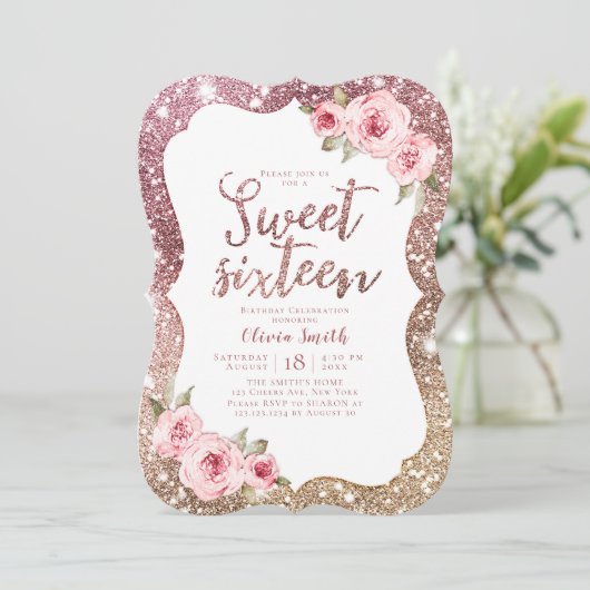 Glitterende roze gouden glans bloemige sweet 16 ve kaart (Staand voorkant)