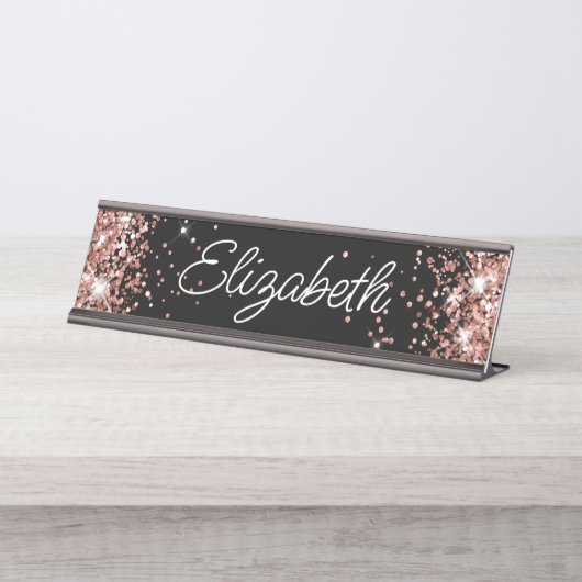Glitterende Roze Gouden Glans Zwart Bureau Naambordje (Voorkant)