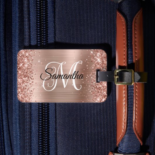 Glitterende Roze Gouden Kringloop Monogram Bagagelabel (Voorkant Insitu 4)