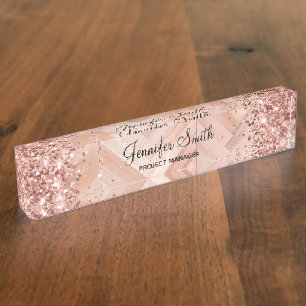 Glitterende Roze Gouden Nep Hout Patroon Naambordje