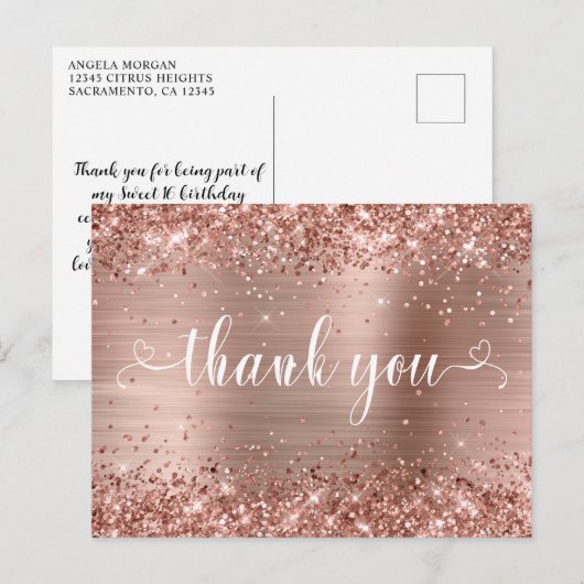 Glitterende roze gouden Sweet 16 harten dank je we Briefkaart (Voorkant / Achterkant)