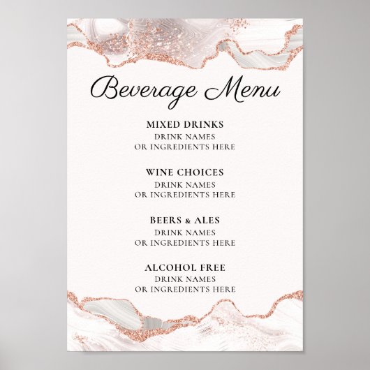 Glitterende Roze Gouden Witte Agate Drankmenu A4 Poster (Voorkant)