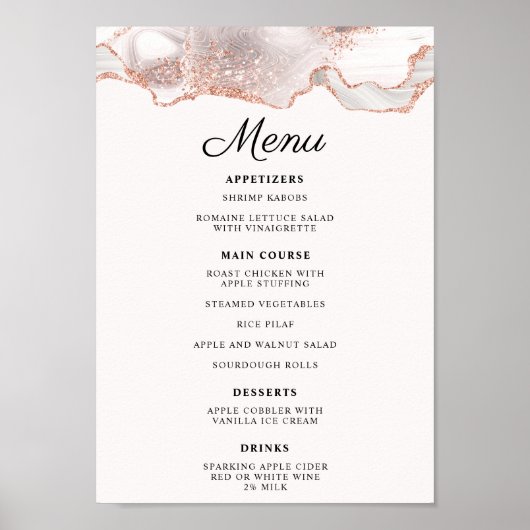 Glitterende Roze Gouden Witte Agate Menu A4 Poster (Voorkant)