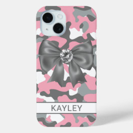 Glitterende Roze Grijs Camouflage Persoonlijk iPhone 15 Case