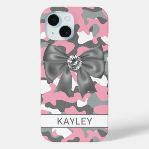 Glitterende Roze Grijs Camouflage Persoonlijk iPhone 15 Case
