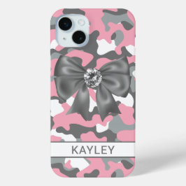 Glitterende Roze Grijs Camouflage Persoonlijk iPhone 15 Mini Hoesje