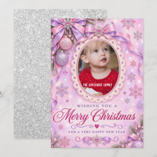 Glitterende Roze Lila Glitter Kerst Foto Vakantie Feestdagenkaart