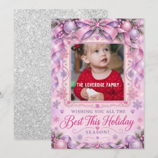 Glitterende Roze Lila Glitter Kerst Foto Vakantie Feestdagenkaart