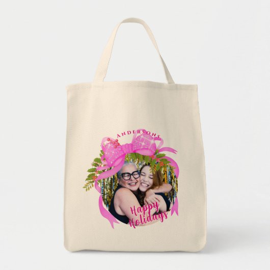 Glitterende Roze Lint Kerstfoto Tote Bag (Voorkant)