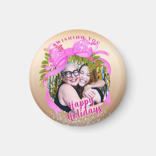 Glitterende Roze Lint Kerstmis Goud Magneet (Voorkant)