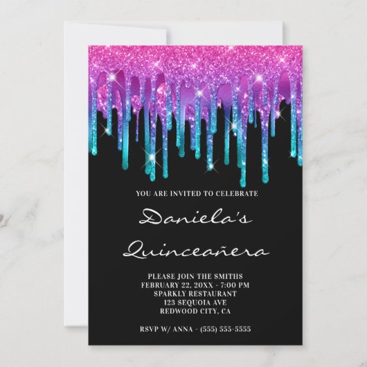 Glitterende Roze Teal Gradiënt Drip Zwarte Quincea Kaart (Voorkant)