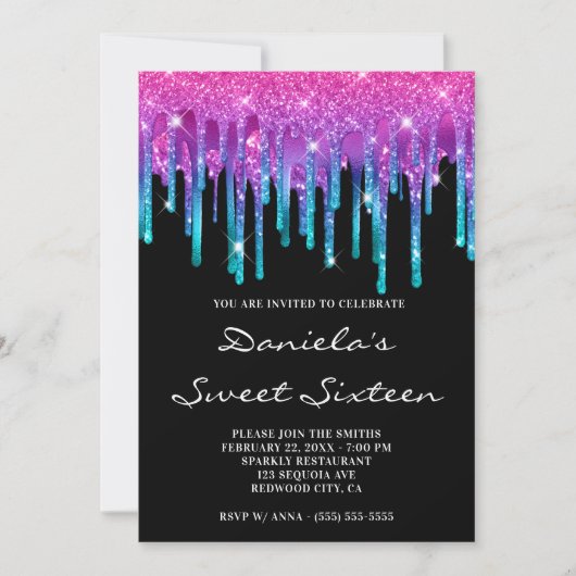 Glitterende Roze Teal Gradiënt Drip Zwarte Sweet 1 Kaart (Voorkant)