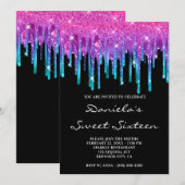 Glitterende Roze Teal Gradiënt Drip Zwarte Sweet 1 Kaart (Voorkant / Achterkant)