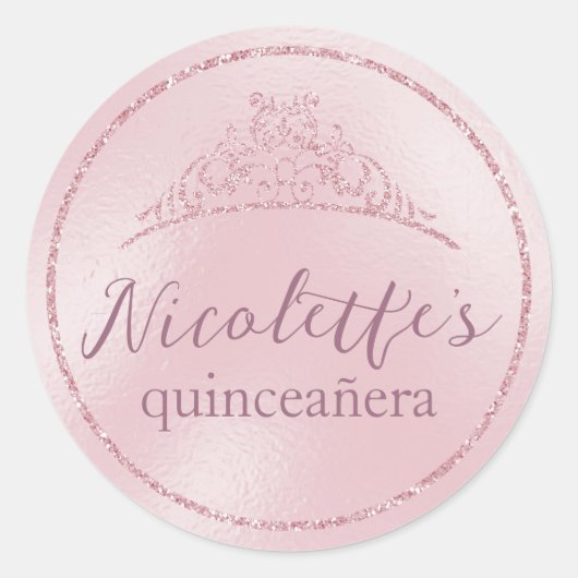 Glitterende Roze Tiara Quinceañera Ronde Sticker (Voorkant)
