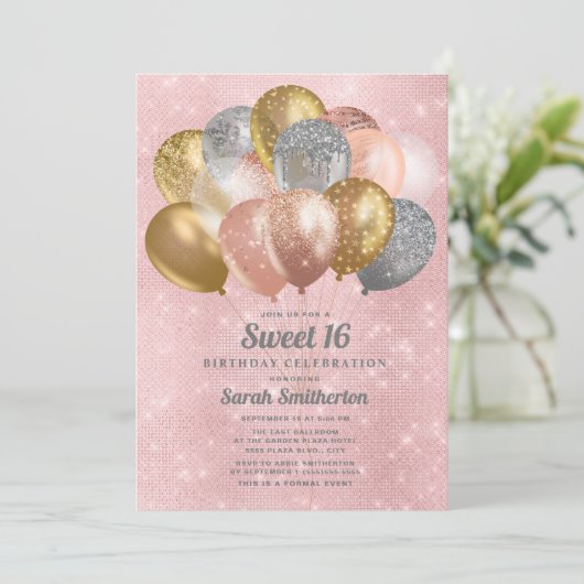 Glitterende roze zilveren gouden ballonnen Sweet 1 Kaart (Staand voorkant)