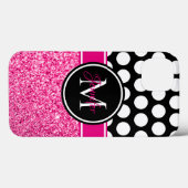 Glitterende roze zwart witte polkadot-monogram Case-Mate iPhone case (Achterkant (horizontaal))