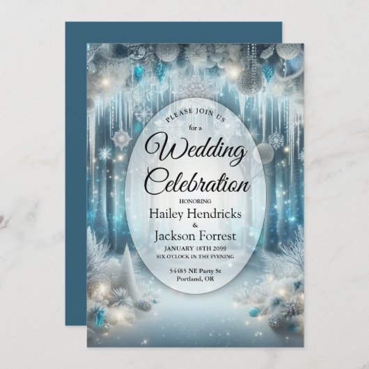 Glitterende Snowy Forest Wedding Kaart (Voorkant / Achterkant)