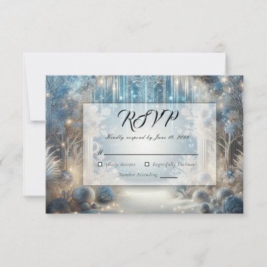 Glitterende Snowy Forest Wedding RSVP Kaartje (Voorkant)