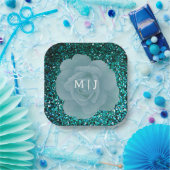 Glitterende Stof Blauwe Roos Monogram Elegante Tro Papieren Bordje (Feest)