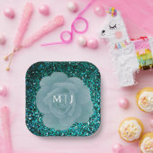 Glitterende Stof Blauwe Roos Monogram Elegante Tro Papieren Bordje (Feest)