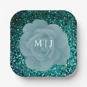 Glitterende Stof Blauwe Roos Monogram Elegante Tro Papieren Bordje
