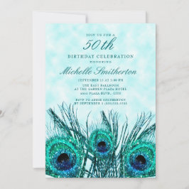 Glitterende Teal Blauwe Pauwveren 50ste Kaart