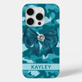 Glitterende Teal Camouflage Gepersonaliseerd iPhone 15 Pro Case