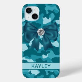 Glitterende Teal Camouflage Gepersonaliseerd iPhone 15 Mini Hoesje