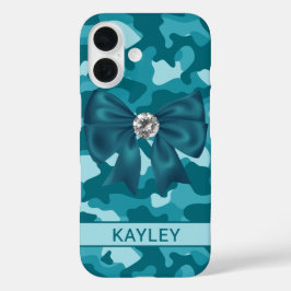Glitterende Teal Camouflage Persoonlijk iPhone 16 Hoesje
