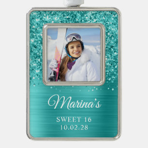 Glitterende Teal Folie Sweet 16 Foto Verzilverd Omlijst Ornament