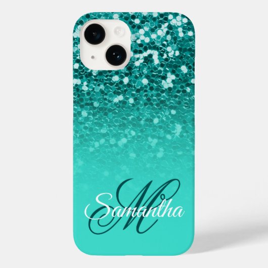 Glitterende Teal Glitter Turquoise Ombre Monogram Case-Mate iPhone Case (Achterkant)