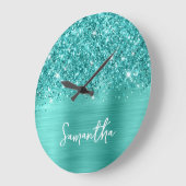 Glitterende Teal Turquoise Glam Witte Script Naam Grote Klok (Hoek)