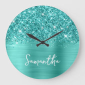 Glitterende Teal Turquoise Glam Witte Script Naam Grote Klok (Voorkant)