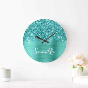 Glitterende Teal Turquoise Glam Witte Script Naam Grote Klok