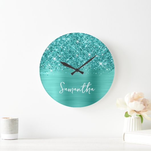 Glitterende Teal Turquoise Glam Witte Script Naam Grote Klok (Huis)