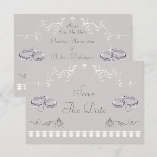 Glitterende Trouwringen & Hartjes Save The Date (Voorkant / Achterkant)