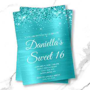 Glitterende Turquoise Blau Metallic Sweet 16 Kaart