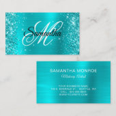 Glitterende turquoise blauwe folie fancy monogram visitekaartje (Voorkant / Achterkant)