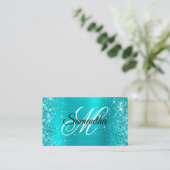 Glitterende turquoise blauwe folie fancy monogram visitekaartje (Staand voorkant)
