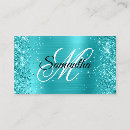 Glitterende turquoise blauwe folie fancy monogram visitekaartje (Voorkant)
