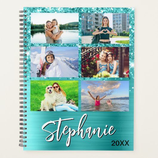 Glitterende Turquoise Blauwe Glam 14 Foto Collage Planner (Voorkant)