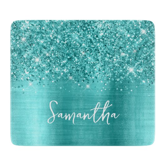 Glitterende Turquoise Blauwe Glam Naam Snijplank (Voorkant)