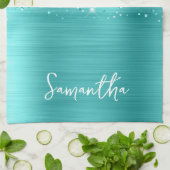 Glitterende Turquoise Blauwe Glam Naam Theedoek (Gevouwen)