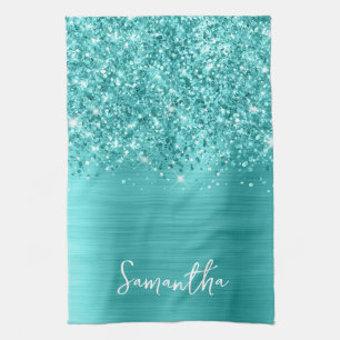 Glitterende Turquoise Blauwe Glam Naam Theedoek