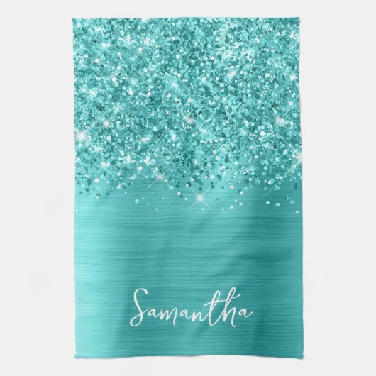 Glitterende Turquoise Blauwe Glam Naam Theedoek (Verticaal)