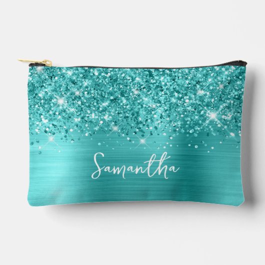 Glitterende Turquoise Blauwe Glam Schrift Naam Etui (Voorkant)