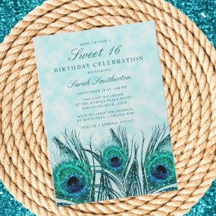 Glitterende Turquoise Blauwe Pauwveren Sweet 16 Kaart