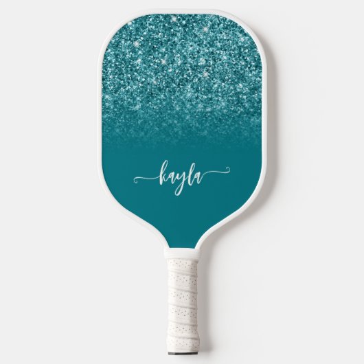 Glitterende Turquoise Glitter Ombre Moderne Schrif Pickleball Paddle (Voorkant)